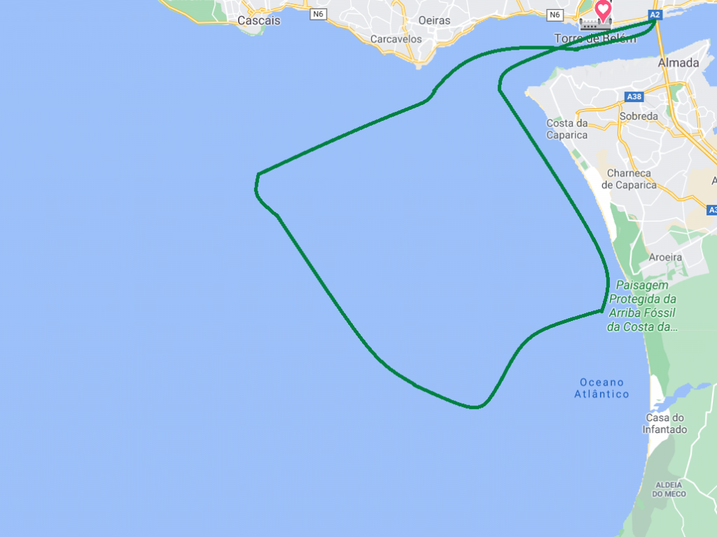 Mapa do passeio para Observação de Golfinhos em Lisboa Sea EO Tours